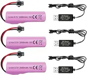3PCS 3.7V 2000mah SM-2P Plug Lithium Battery with USB Charging Cable for DE68 DE44 DE45W DE45 DE58 DE49 DE57 DE70 Off-Road Vehicle Truck Tank RC Remote Control Toy Car Battery
