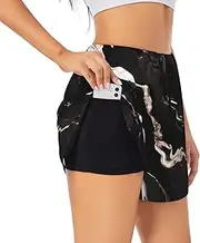 [WURTON] Black Rose Gold Marble Print Exercise Gym Workout Shorts Women's Athletic Shorts Dual-Layered Yoga Running Shorts