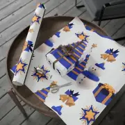 Elegant Blue & Gold Christmas Wrapping Paper with Snowmen, Trees, and Gifts