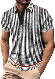 [Generic] K87 Casual and Fashionable Thousand Bird Grid Color Blocking Button Standing Collar Short Sleeved Sports T Shirt Dark Shirt Men