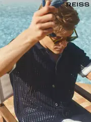 Reiss Navy Elias Reiss | Ché Open-Stitch Cuban Collar Shirt (B39068) | $295