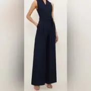 Donna Karan Women’s Sleeveless V Neck Belted Wide Leg Navy Jumpsuit Size 10