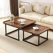 GTIWROTN Square Coffee Tables Living Room Set of 2, Nesting Walnut Coffee Table with Fluted, End Tables for Bedroom Office Balcony Yard (23.5"+19.5" Walnut)