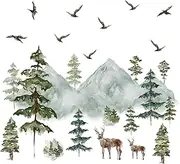 MOSITU Mountain Wall Decals Large Pine Tree Peel and Stick Forest Woodland Deer Birds Animal Stickers for Kids Room Nursery Decor Green