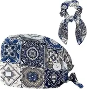 [FVQL] Scrub Caps Women, Pack of 1 Surgical Cap with Hair Scrunchy, Nurse Hats, Patchwork Pattern Floral