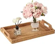Rattan Serving Tray Rectangle With Handles - Vintage Wicker for Decor, Boho Seagrass Coffee Table Basket, Hand Woven Decorative Table (34cm)