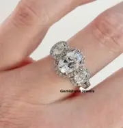 2 CT Oval Moissanite Halo Trellis Set Split Band Engagement Ring 14K White Gold