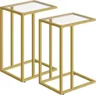 HOOBRO C Shaped End Table Set of 2, Tempered Glass Snack Side with Gold