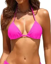 [Tempt Me] Women Black Women Triangle Bikini Top String Bathing Suits Top Push Up Swimsuit Top Halter Swim Top Only