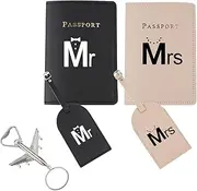 [Snogisa] Passport Wallets Travel Holder Set,Honeymoon Gift, Slim Passport Case Covers and Organizer Slots Couple,Wedding Bridal Shower GiftWallets Travel Holder Set, Black and Khaki-tie, One Size