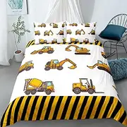 Lunoroey Boys Excavator Duvet Cover Single Bed White Engineering Construction Vehicles Digger Print Kids Bedding Set with Pilowcase Soft Microfiber Quilt Cover Set With Zipper Closure