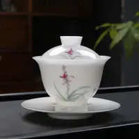 在飛比找ETMall東森購物網優惠-李麗春原創冰種玉瓷手繪茶具蓋碗陶瓷單個泡茶碗釉上彩三才蓋碗