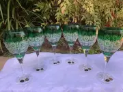 BOHEMIA EMERALD GREEN QUEEN LACE HAND CUT 24% LEAD CRYSTAL WINE GOBLET 14 OZ