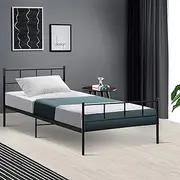 Artiss Single Metal Bed Frame with Headboard(Base Only), Metal Platform Bed with Easy Assembly, Heavy-Duty Metal Slats with Under Bed Storage for Bedroom/Student Apartment, Black