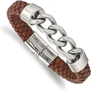 [JewelryWeb] 11mm Stainless Steel Polished Chain and Braided Brown Leather Bracelet 21 Centimeters Link-Bracelet for Women and Men