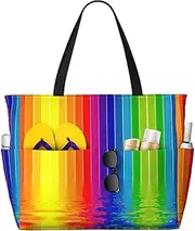 [Ghjkfbf] Rainbow Striped Print Large Capacity Beach Travel Bag For Family, Beach Tote Bag For Women With Zipper Pockets, Black, One Size