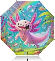 [RPLIFE] Travel Umbrella Windproof Compact Umbrellas, Umbrellas for Backpacks/Handbags, Rain, Wind and Sun, Cute Pink Axolotl