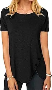 [Zylphorix] Women Irregular Button Short Sleeved T-Shirt Sexy Button Crew Neck Plain Daily Tees Casual Hem Buckle Round Neck Pullover Tops