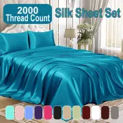 Silk Satin 2000TC 4Pcs Sheet Set Flat Fitted Sheet&Pillowcase Double Queen King