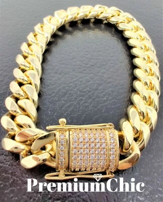 Mens Miami Cuban Link Bracelet w CZ Clasp 14k Gold Plated Stainless Steel