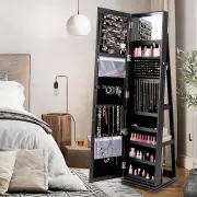 CostwayFull Length Mirrored Jewellery Cabinet Rotates 360° with Open Display Shelves-Black