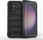 [OEURVQO] for Samsung S23 FE Galaxy S23 FE Case,Tempered Glass Film Wave Design Velvet Lining Soft TPU Heavy Duty Bumper Protective Phone Cover for Samsung Galaxy S23 FE,Black