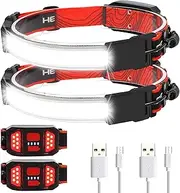 Fay Bless Rechargeable Headlamp - 350 Lumens Bright LED Flashlight for Camping, Running, Hiking - Lightweight 95g, 230° Wide Beam Illumination (Headlamp-Red-2 Pack)