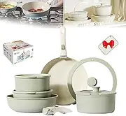 Gourmetific Ceramic Cookware Set, Gourmetific Cookware Set, 11 Piece Nonstick Maifan Cookwares Sets with Detachable Handle (Green,11pcs)