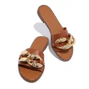 Catzon Womens Flat Heels Open Toe Backless Slippers Metallic Chains Summer Sandals-Brown