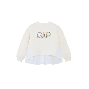 Gap 女童裝 Logo印花假兩件圓領長袖上衣-奶白色(890218)