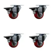 3 Inch Red Poly Wheel Swivel Top Plate Caster Set with Posi Brake Service Caster