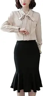 [Generic] Women's Elegant Lace Up Button Shirt Female Fashion Solid Color Long Sleeve Bow Blouse