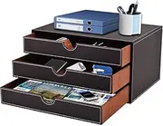 XNONE PU Leather Desk Organizer with 3 Drawers,Executive Office Supplies Desktop Filing A4 File Cabinet/Holder for Jewelry/Bill/Paper/Documents/Makeup Home Decor Stationery Storage Box,Brown