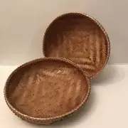 Vintage Thai Handicraft Wicker Round Shape Snack Tray Bamboo Basket Size 10 "X 2