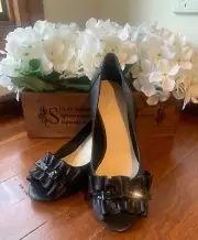 WITTNER BLACK ALL LEATHER , HEEL ,BOW ,PEEP TOE SHOES SLIP ON RRP $139.95 Size38