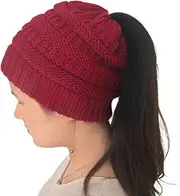 [EZONEDEAL] Soft Stretch Cable Knit Hat Women's Ponytail Beanie Skull Cap Winter Warm Hat High Bun Hat - Ponytail hat for Women