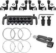 Metal Guitar Tailpiece Set, Locking Nut String Lock, 3R 3L Acoustic Electric Guitar Pegs String Tuners, with Guitar Strings, String Changing Tool (Black)