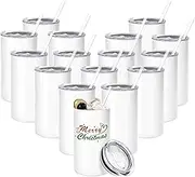 YOUKE OLA 16 Pack Sublimation Tumblers Blanks - 12oz White Skinny Straight Stainless Steel Double Wall Insulated Cups With Lid & Straw for DIY Gift
