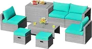 Costway 8-Piece Outdoor Patio Furniture Set, PE Rattan Conversation Set with Waterproof Cover and Washable Cushion Covers (Gray/Turquoise)