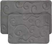 2 pc Memory Foam Bath Mat Set Coral Fleece Embossed Pattern Gray Anti Skid Back