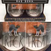 Rae Dunn Halloween Black Scaredy Cat Stemless Wine Glass Set of 2 TRICK TREAT LL