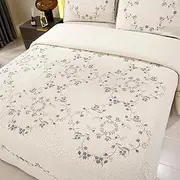 Quilt Set Blue Floral 3D Embroidery Pattern 3 PCS 100% Cotton Reversible Quilted Embroidered Decorative Bedspreads Coverlet Set, Lightweight &Soft Queen Size White Bedding Coverlet for All Season