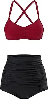 [LA ORCHID] Laorchid Women's Bandeau Bikini Set Sexy High Waist Swimwear Push Up Swimsuit Padded Retro Halterneck Tankini, Red with Black, S