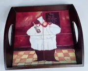 Wooden Serving Tray With Handles & Tile Inlay with Chef/Wine Bottle