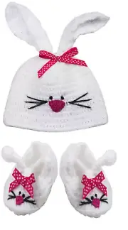 Plush Pink and White Baby Bunny Knit Hat and Bootie Set Easter