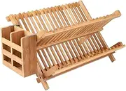 2 Tier Dish Drying Collapsible Rack, Portable Bowl and Dish Holder, Wooden Dishes Drying Rack, Foldable Dish Rack with Chopstick Cage, Plate Rack for Kitchen Counter (45 * 33 * 26 CM) ﻿