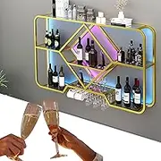 Wall Mounted Wine Rack with Glass Holder Liquor Cabinet and Bottle Display Shelf Metal Bar Shelves with Light Strip for Home Bar and Kitchen Dining