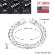 Silver Classic Cuban Link Chain Bracelets Men Jewelry Gift Square Buckle 8.27"