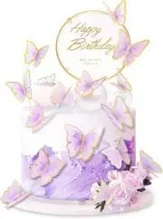 11-Piece Purple Gold Butterfly Cake Toppers - Happy Birthday Metal Cake Topper