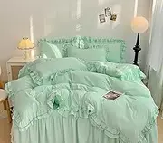 LMONMOO Green Duvet Cover Queen, Chic Lace Bedding Set with Double Ruffle, 3 Pieces Luxury Princess Style Comforter Cover Soft Breathable for Girls Kids Teen, All Season (Green, Queen)